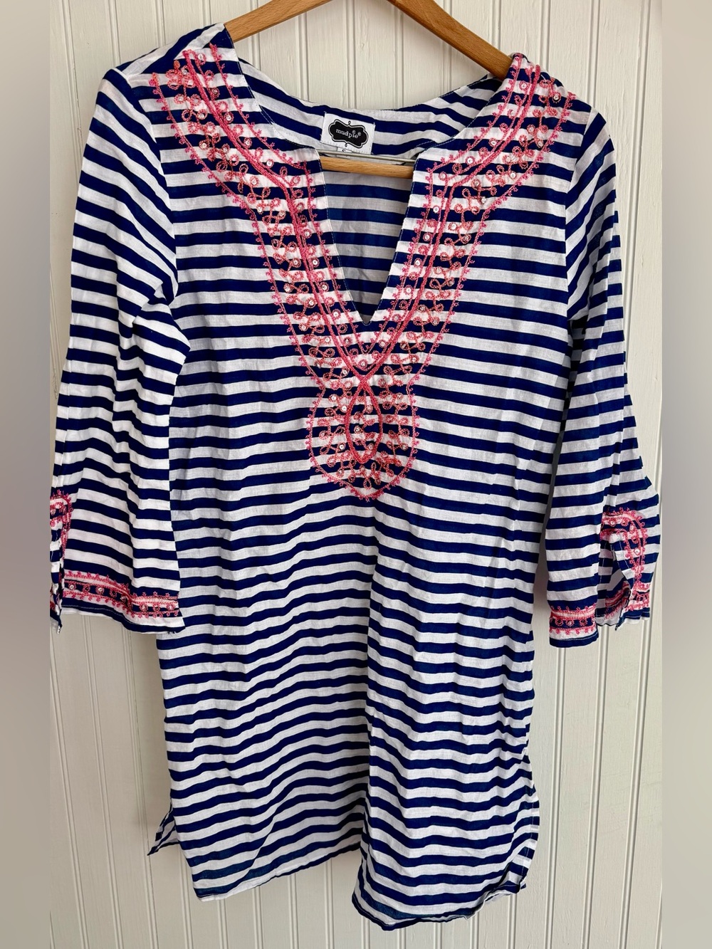 Mud Pie Navy & White Striped Tunic with Pink Embroidery